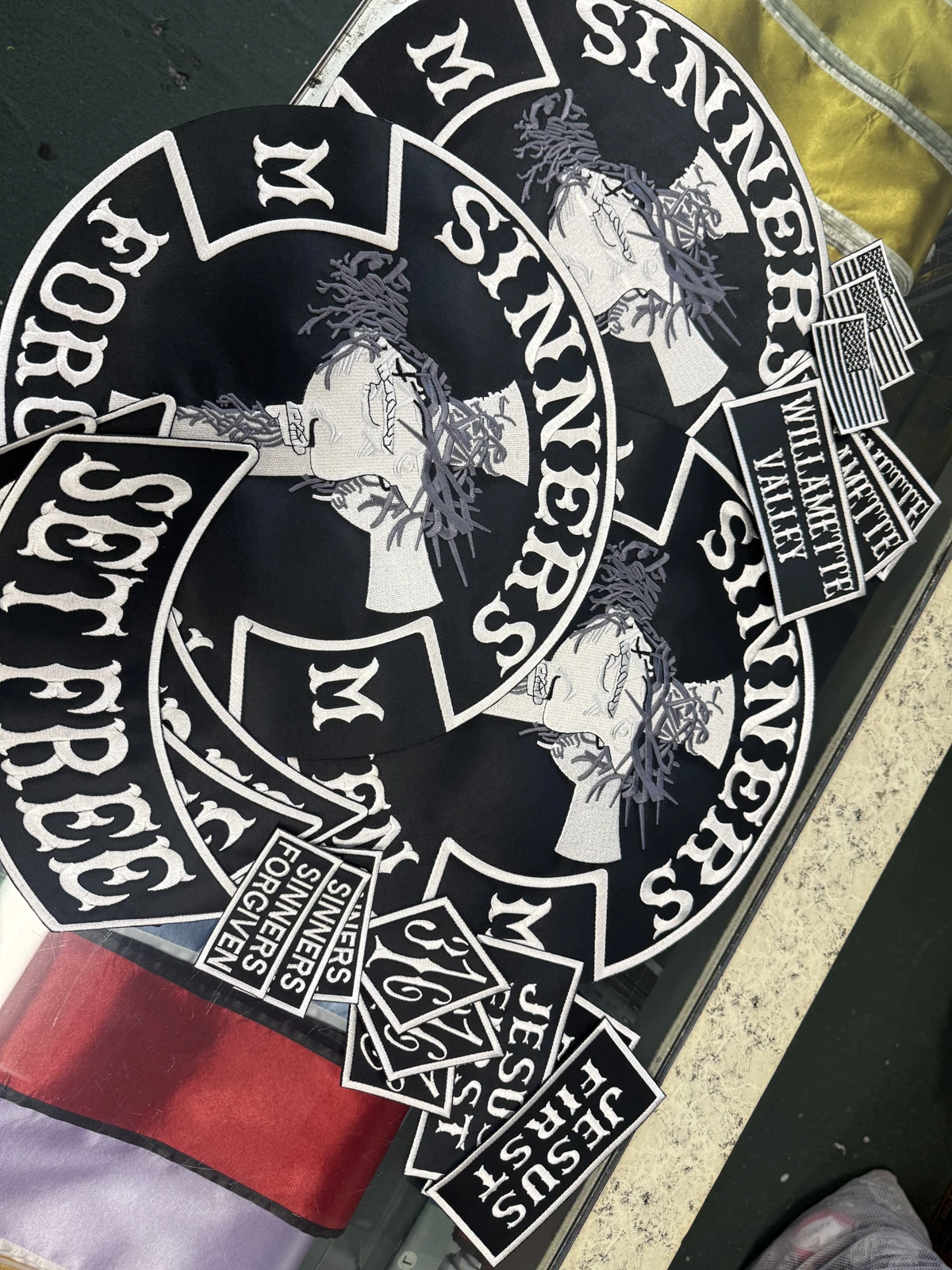 Black-and-white embroidered patch collection